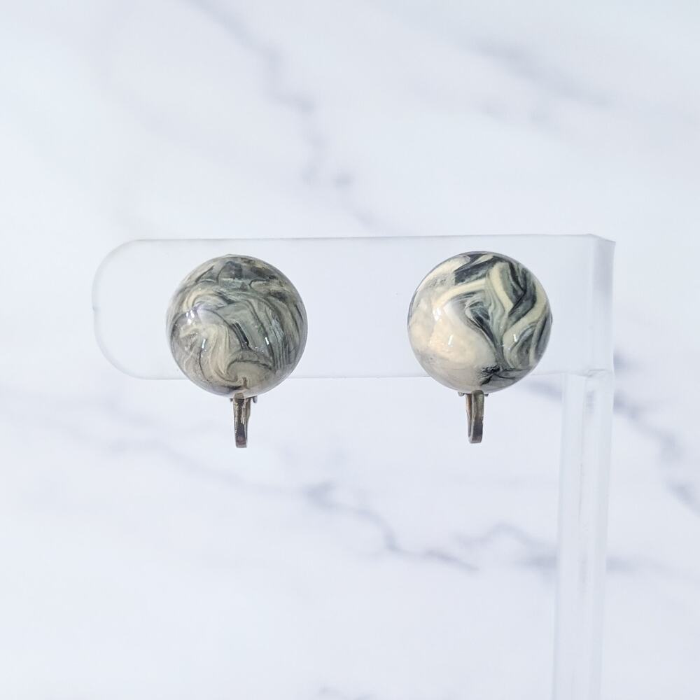 Vintage Clip On Earrings Domed Marbled Cream & Blue 5/8"